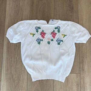 100% cotton White Knit Sweater with Floral Embroidery